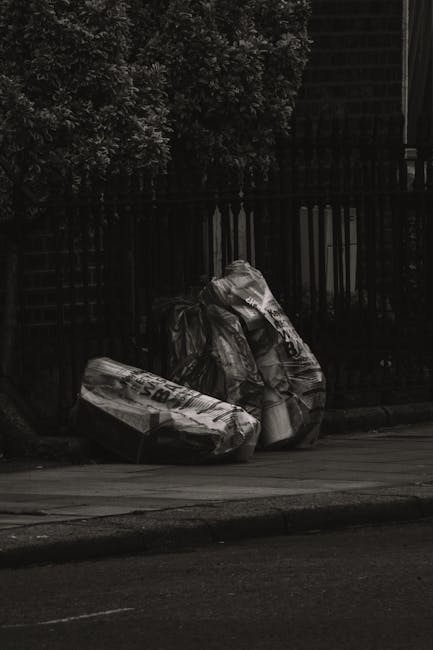 A cluttered scene featuring multiple black garbage bags piled against a textured, off-white wall beneath a small, rectangular window, with some bags leaning on a discarded cardboard box and a piece of
